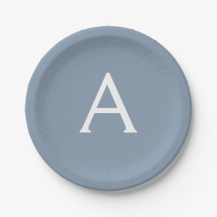 Dusty Blue Minimalist Modern Monogram Elegant  Paper Plates