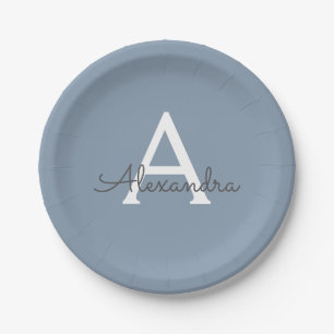 Dusty Blue Minimalist Modern Monogram Elegant  Paper Plates