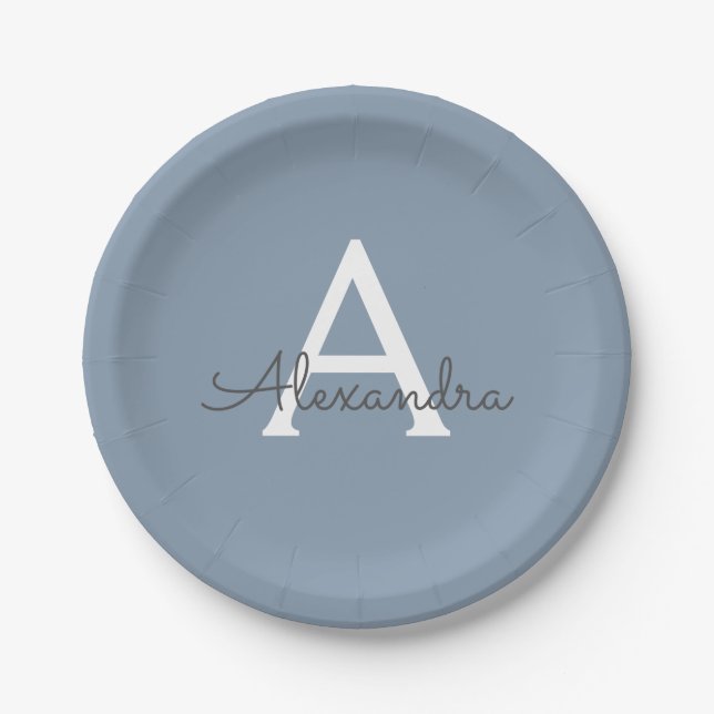 Dusty Blue Minimalist Modern Monogram Elegant  Paper Plates (Front)