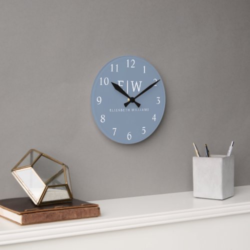 Dusty Blue Minimalist Modern Monogram Elegant Round Clock