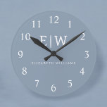 Dusty Blue Minimalist Modern Monogram Elegant Round Clock<br><div class="desc">Introducing our Dusty Blue Minimalist Modern Monogram Elegant Collection: Elevate your style with understated sophistication and timeless charm. Our collection features minimalist designs in a soothing dusty blue hue, enhanced with elegant monograms tailored to your personal taste. From refined stationery to versatile accessories, each piece in our collection is meticulously...</div>