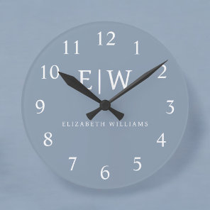 Dusty Blue Minimalist Modern Monogram Elegant Round Clock