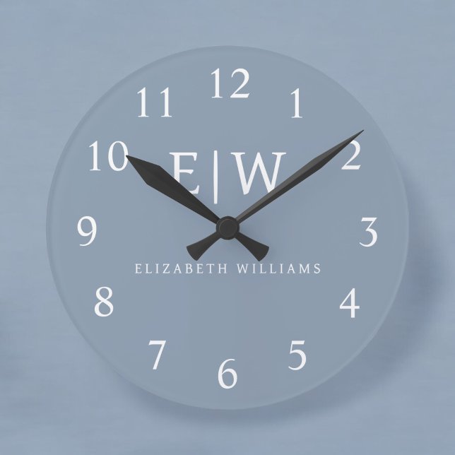 Dusty Blue Minimalist Modern Monogram Elegant Round Clock (Creator Uploaded)