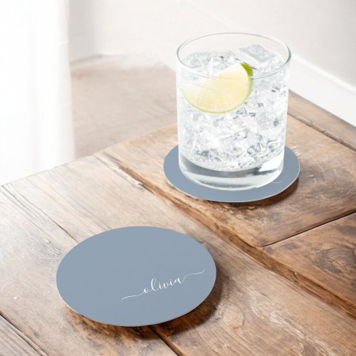 Dusty Blue Minimalist Modern Monogram Elegant  Round Paper Coaster