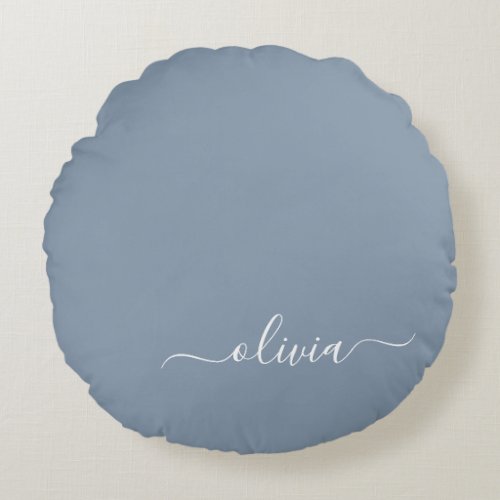 Dusty Blue Minimalist Modern Monogram Elegant  Round Pillow