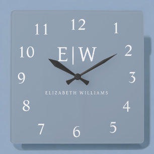 Dusty Blue Minimalist Modern Monogram Elegant Square Wall Clock