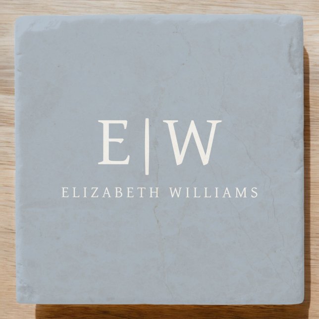 Dusty Blue Minimalist Modern Monogram Elegant Stone Coaster (Creator Uploaded)