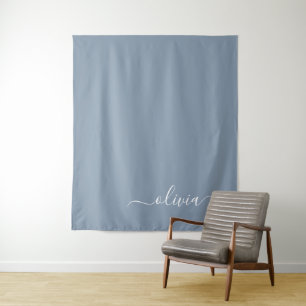 Dusty Blue Minimalist Modern Monogram Elegant Tapestry