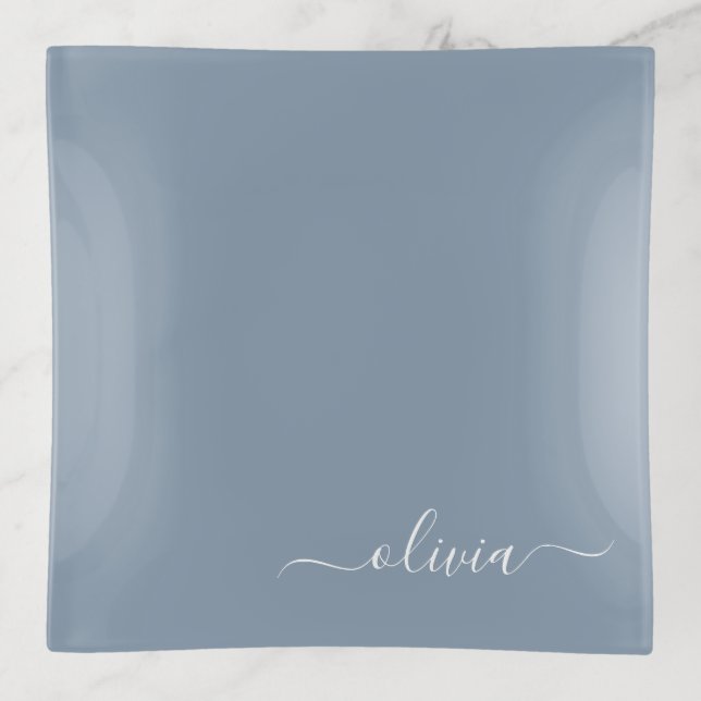 Dusty Blue Minimalist Modern Monogram Elegant Trinket Tray (Front)