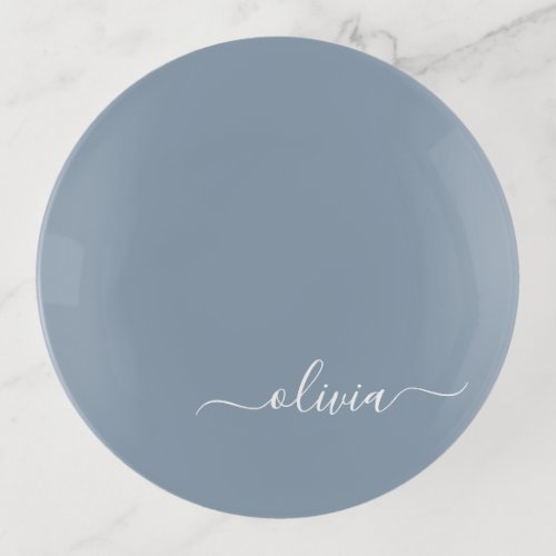 Dusty Blue Minimalist Modern Monogram Elegant Trinket Tray