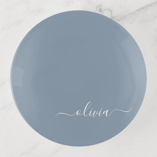Dusty Blue Minimalist Modern Monogram Elegant Trinket Tray (Front)