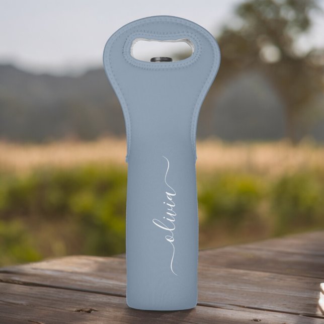 Dusty Blue Minimalist Modern Monogram Elegant Wine Bag (Creator Uploaded)