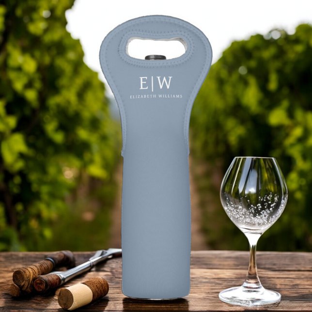 Dusty Blue Minimalist Modern Monogram Elegant Wine Bag (Creator Uploaded)