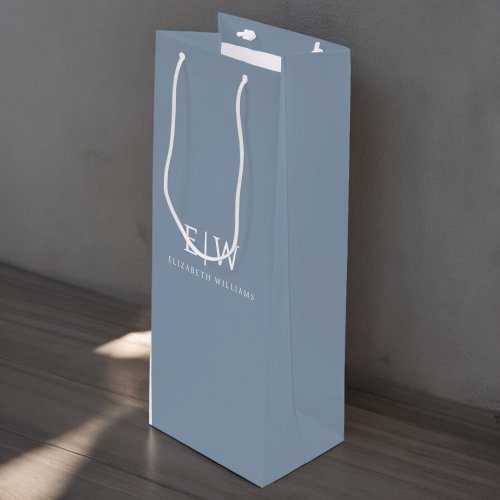 Dusty Blue Minimalist Modern Monogram Elegant Wine Gift Bag