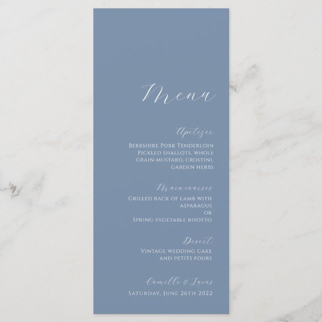 Dusty Blue Minimalist Modern Wedding Menu (Front)