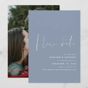 Dusty Blue Minimalist Photo New Date Wedding Announcement