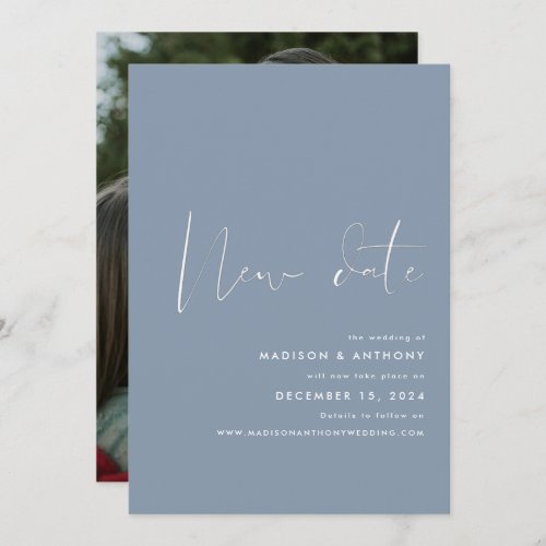 Dusty Blue Minimalist Photo New Date Wedding Announcement