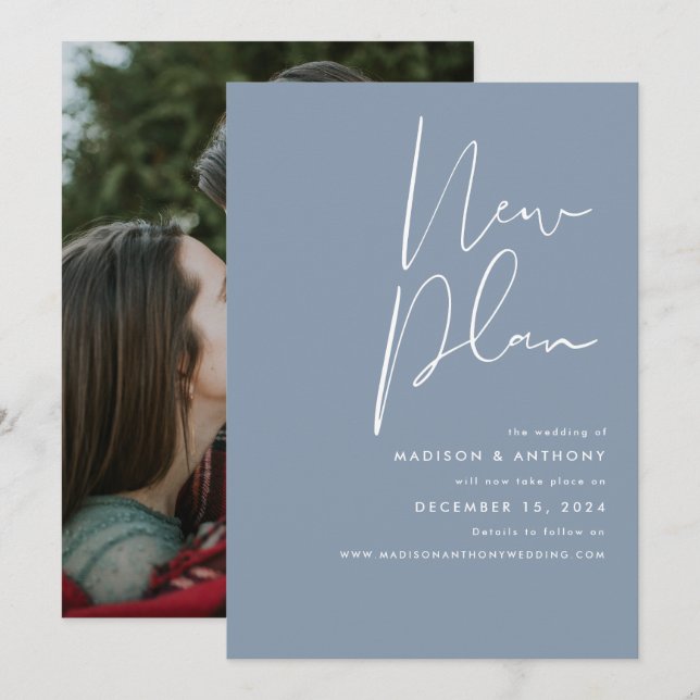 Dusty Blue Minimalist Photo New Plan Wedding Announcement (Front/Back)