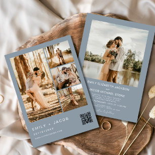 Dusty Blue Minimalist Photo QR code Wedding Invitation