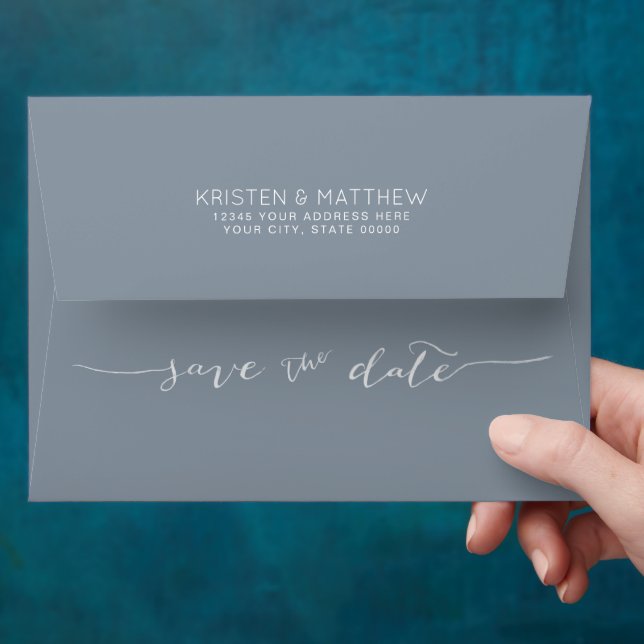Dusty Blue Minimalist Save the Date Envelope (Hand)