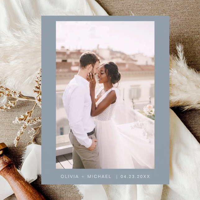 Dusty Blue Minimalist Save the Date Script Photo  Postcard (Creator Uploaded)