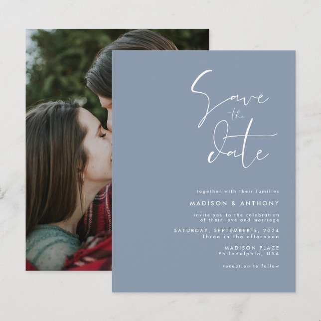 Dusty Blue Minimalist Save the Date Wedding Photo Invitation Postcard (Front/Back)