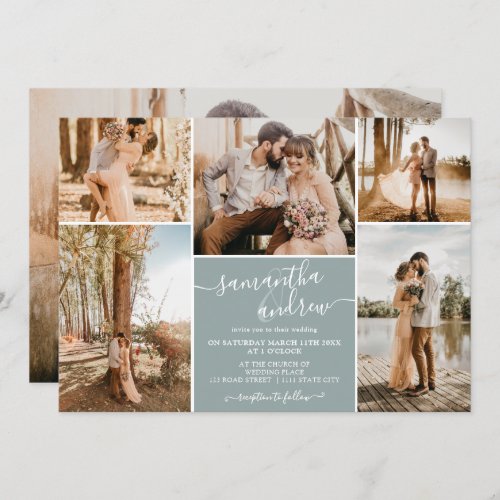 Dusty blue minimalist script 6 photos wedding invitation