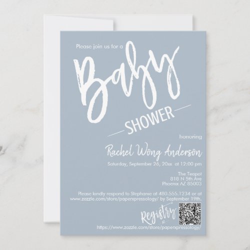 Dusty Blue Minimalist Script Baby Shower QR Code Invitation