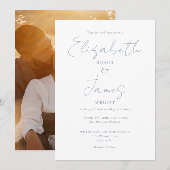 Dusty Blue Minimalist Script Photo Wedding Invitation (Front/Back)