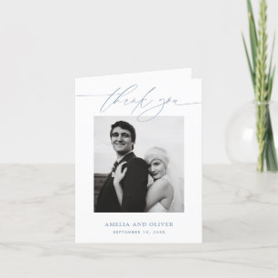 Dusty Blue Minimalist Script Photo Wedding Letterpress Thank You Card