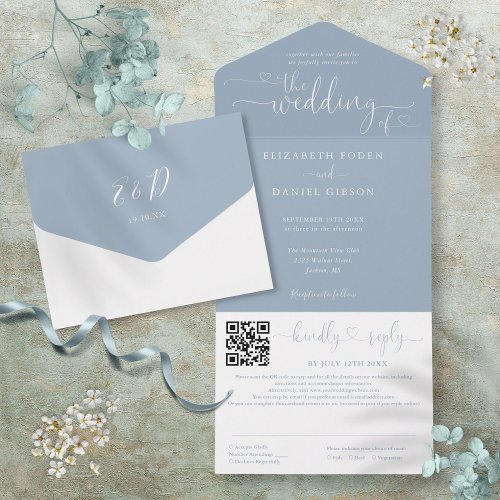 Dusty Blue Minimalist Script QR Code Wedding All In One Invitation