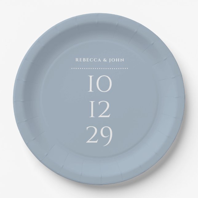 Dusty Blue Minimalist Special Date Wedding Paper Plates (Front)