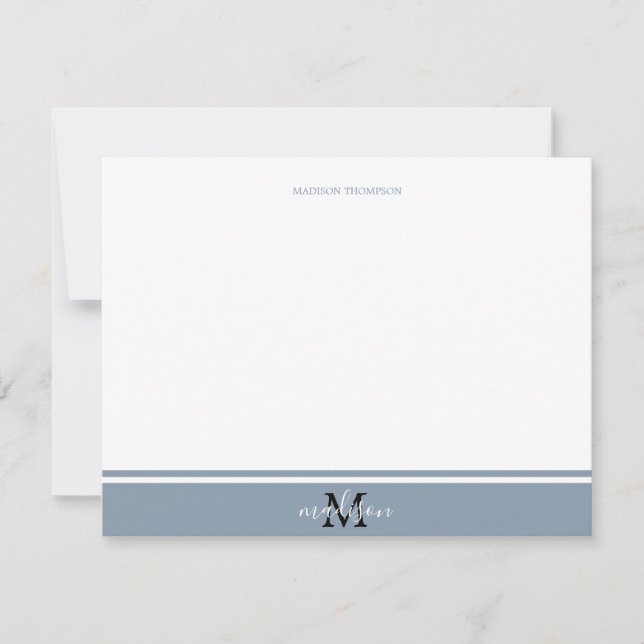 Dusty Blue Minimalist Stripe line with Monogram Note Card (Front)