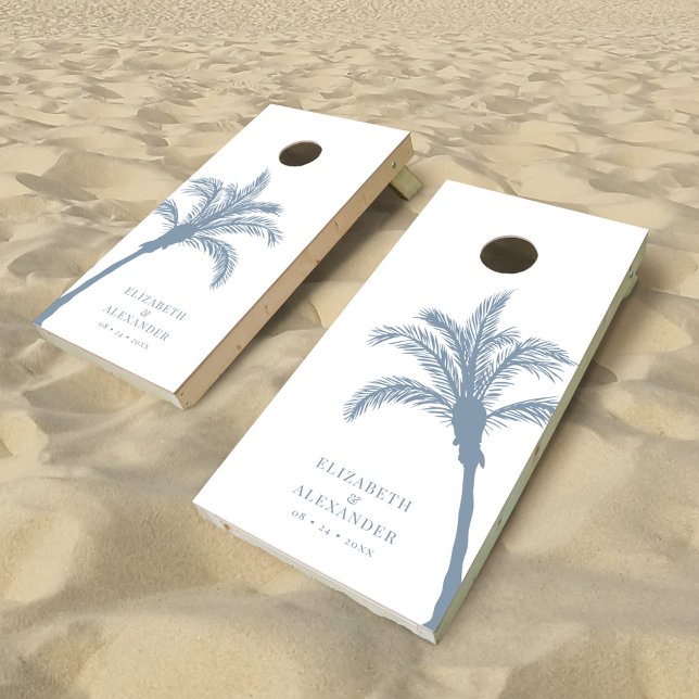 Dusty Blue Minimalist Tropical Palm Trees Wedding  Cornhole Set (Creator Uploaded)