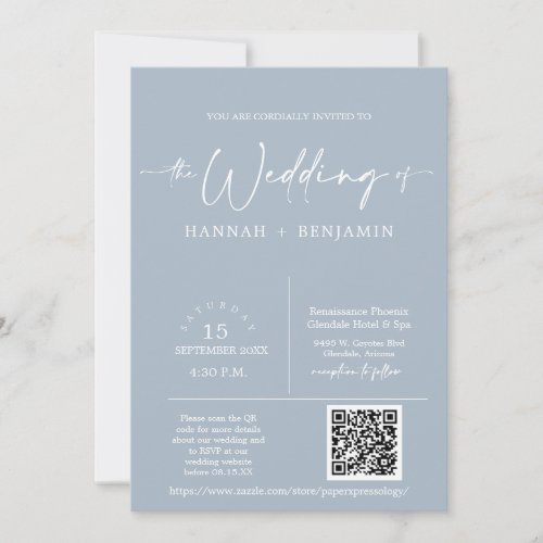Dusty Blue Minimalist Wedding Arch QR Code Photo Invitation