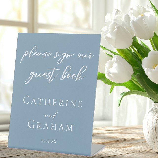 Dusty Blue Minimalist Wedding Guest Book Pedestal Sign (Creator Uploaded)