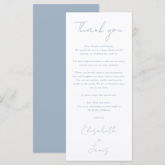 Dusty Blue Minimalist Wedding Thank You Place Card (Front/Back)