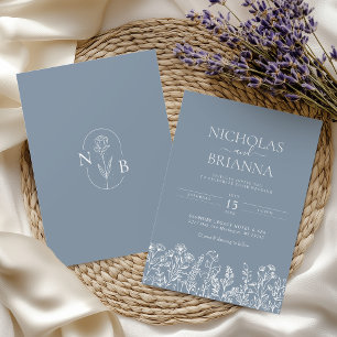 Dusty Blue Minimalist Wildflower Wedding Monogram Invitation