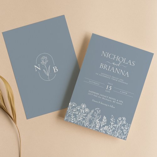 Dusty Blue Minimalist Wildflower Wedding Monogram Invitation