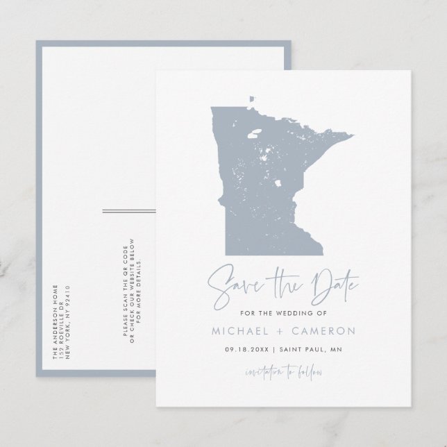 Dusty Blue Minnesota Map QR Code Save the Date Announcement Postcard (Front/Back)