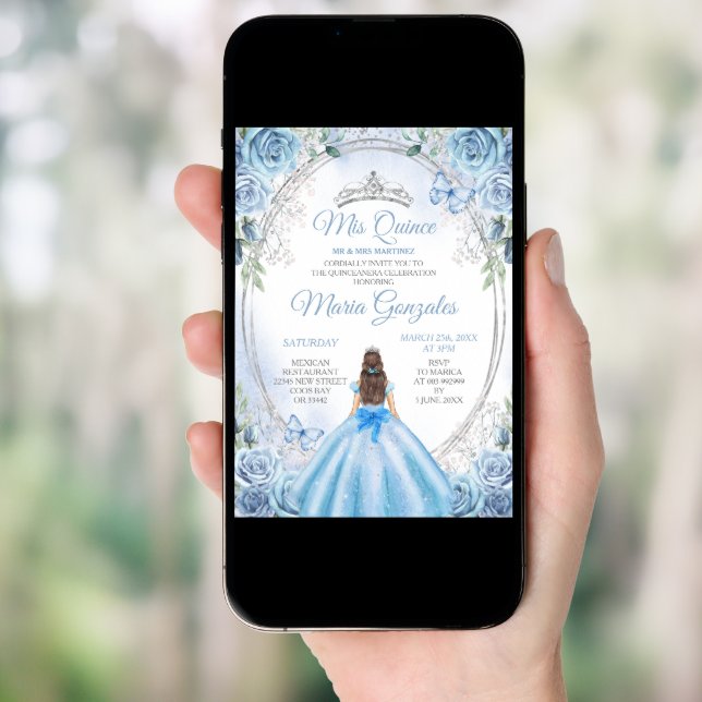 Dusty Blue Mis Quince Silver Floral Quinceañera Invitation (Front Digital)