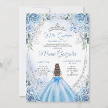Dusty Blue Mis Quince Silver Floral Quinceañera Invitation by HappyPartyStudio at Zazzle