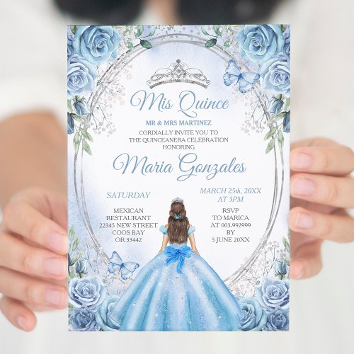 Dusty Blue Mis Quince Silver Floral Quinceaera Invitation