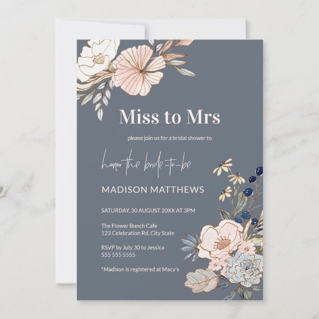Dusty Blue Miss to Mrs Pink Floral Bridal Shower I Invitation (Front)