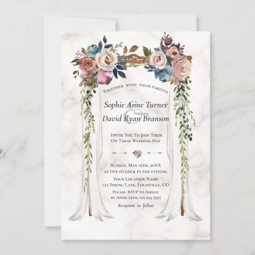 Dusty Blue Misty Flowers Canopy Marble Wedding Invitation