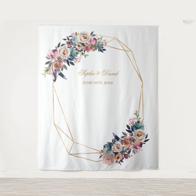 Dusty Blue Misty Rose Floral Gold Photo Booth Prop Tapestry (Front)