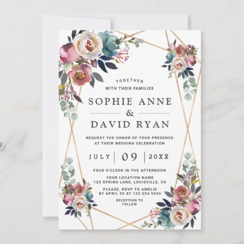 Dusty Blue Misty Rose Floral Gold Wedding Invitation