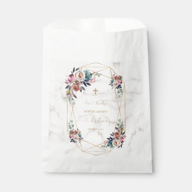 Dusty Blue Misty Rose Flowers Gold Christening Favor Bag (Front)