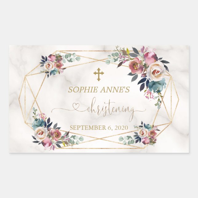 Dusty Blue Misty Rose Flowers Gold Christening Rectangular Sticker (Front)
