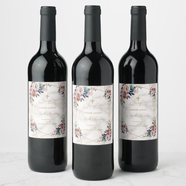 Dusty Blue Misty Rose Flowers Gold Christening Wine Label (Bottles)